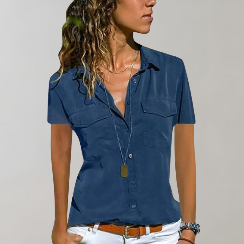 Women's tailored cotton-linen blouse short sleeve button front closure with chest pockets office casual