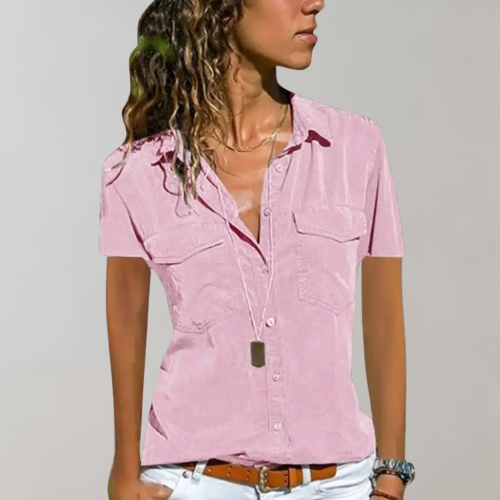 Women's tailored cotton-linen shirt blouse, short sleeve, button front, chest pockets, office casual