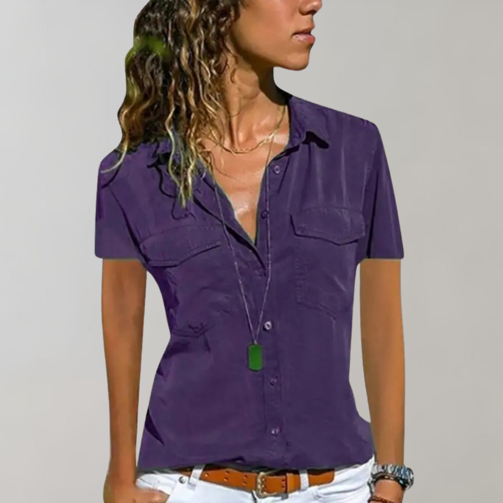 Women's tailored cotton-linen blouse short sleeve button front chest pockets office casual wear