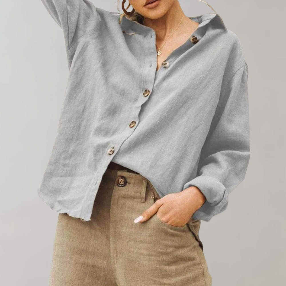 Women's relaxed fit long sleeve button-up shirt lightweight breathable cotton blend everyday comfort