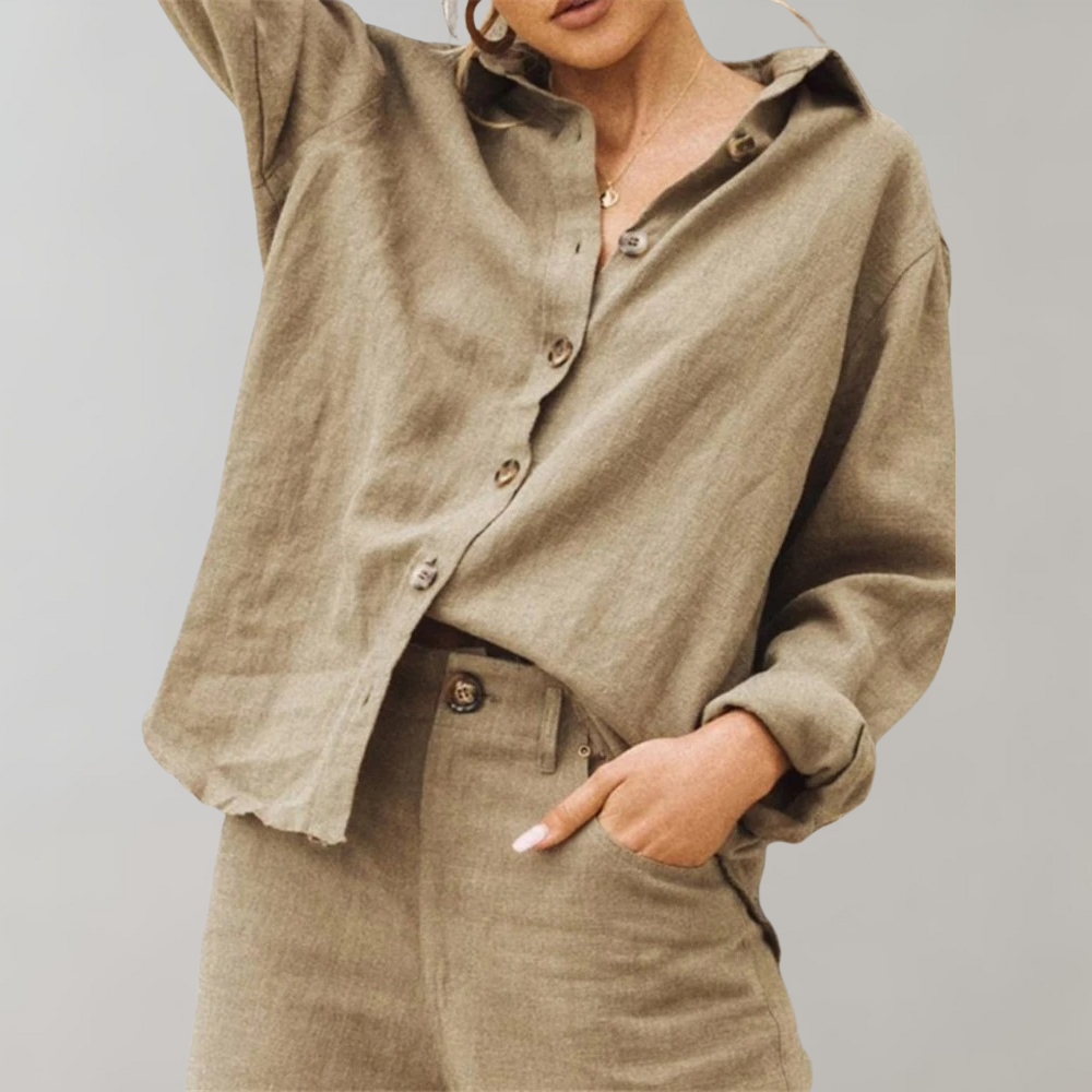 Women's relaxed fit long sleeve button-up shirt lightweight breathable cotton blend everyday comfort
