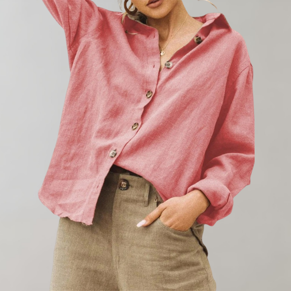 Women's relaxed fit long sleeve button-up shirt lightweight breathable cotton blend everyday comfort