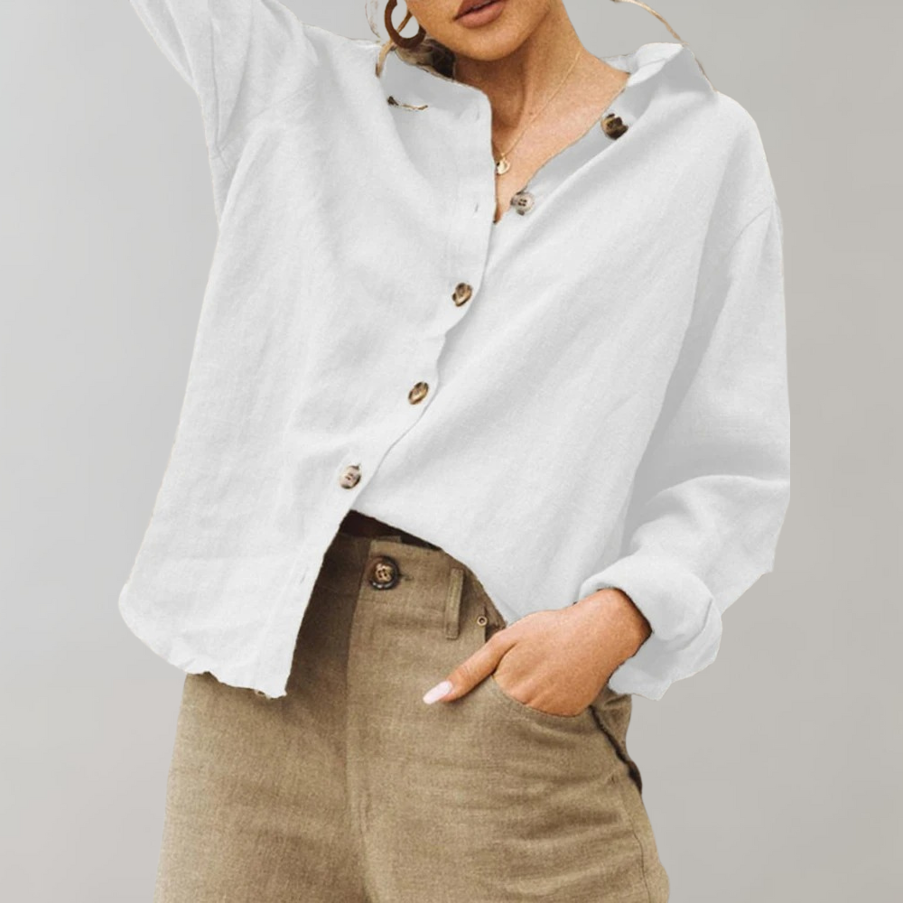 Women's relaxed fit long sleeve button-up shirt lightweight breathable cotton blend everyday comfort