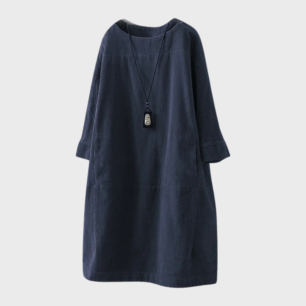 Women's loose-fit velvet dress round neck three-quarter sleeves casual Nordic-inspired style