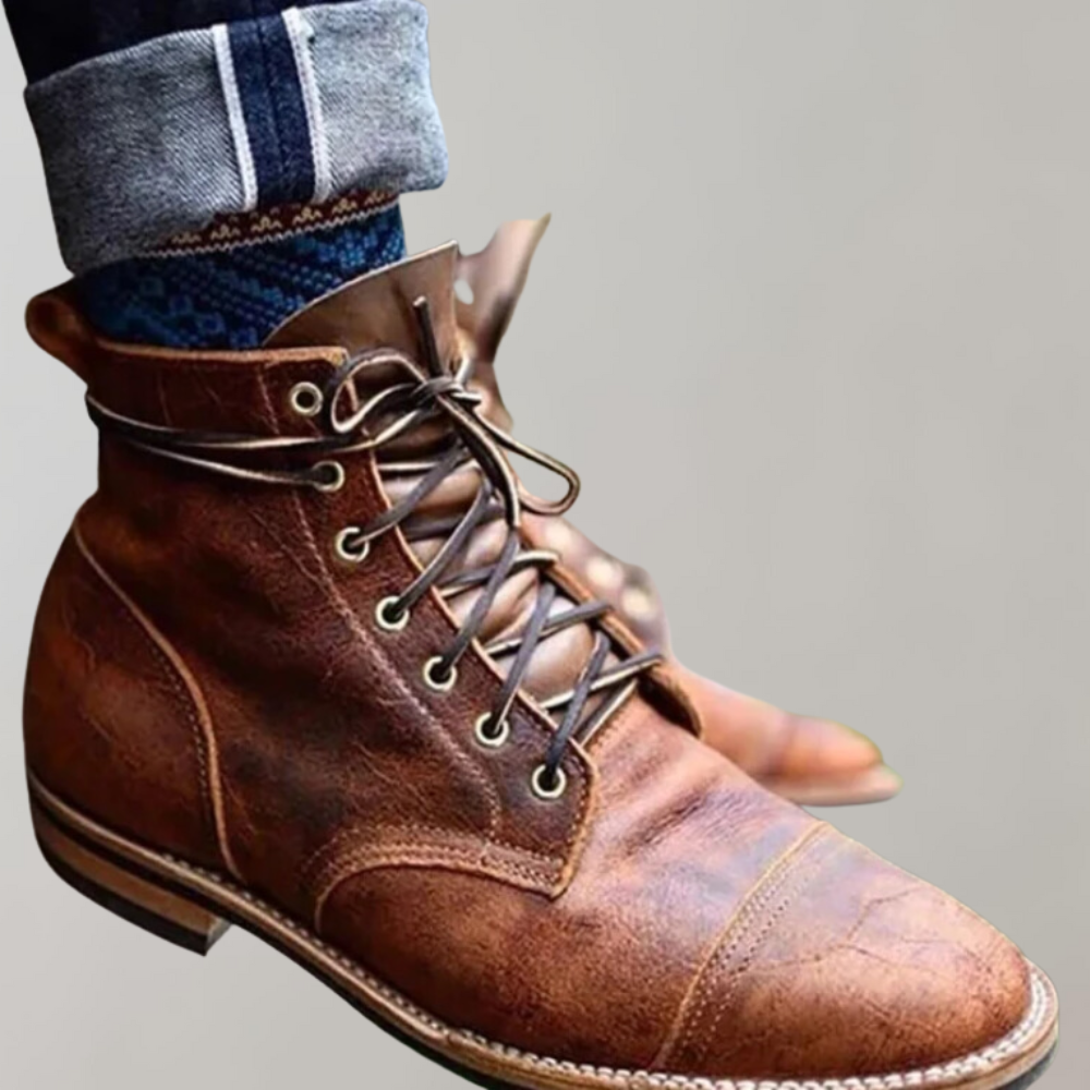 Men's high-ankle lace-up leather boots in rugged Nordic style with durable PU upper for outdoor use