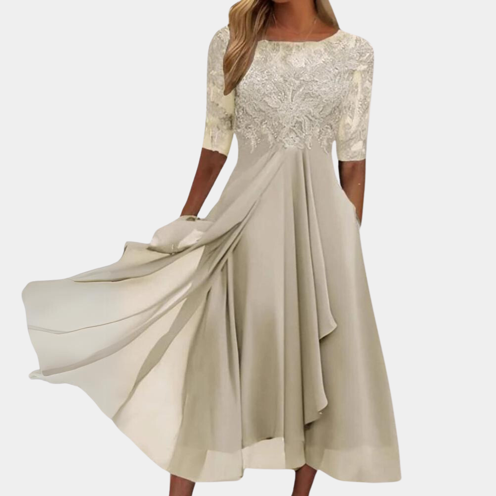 Women's A-line midi dress with lace embroidery detail, elegant party and evening style silhouette