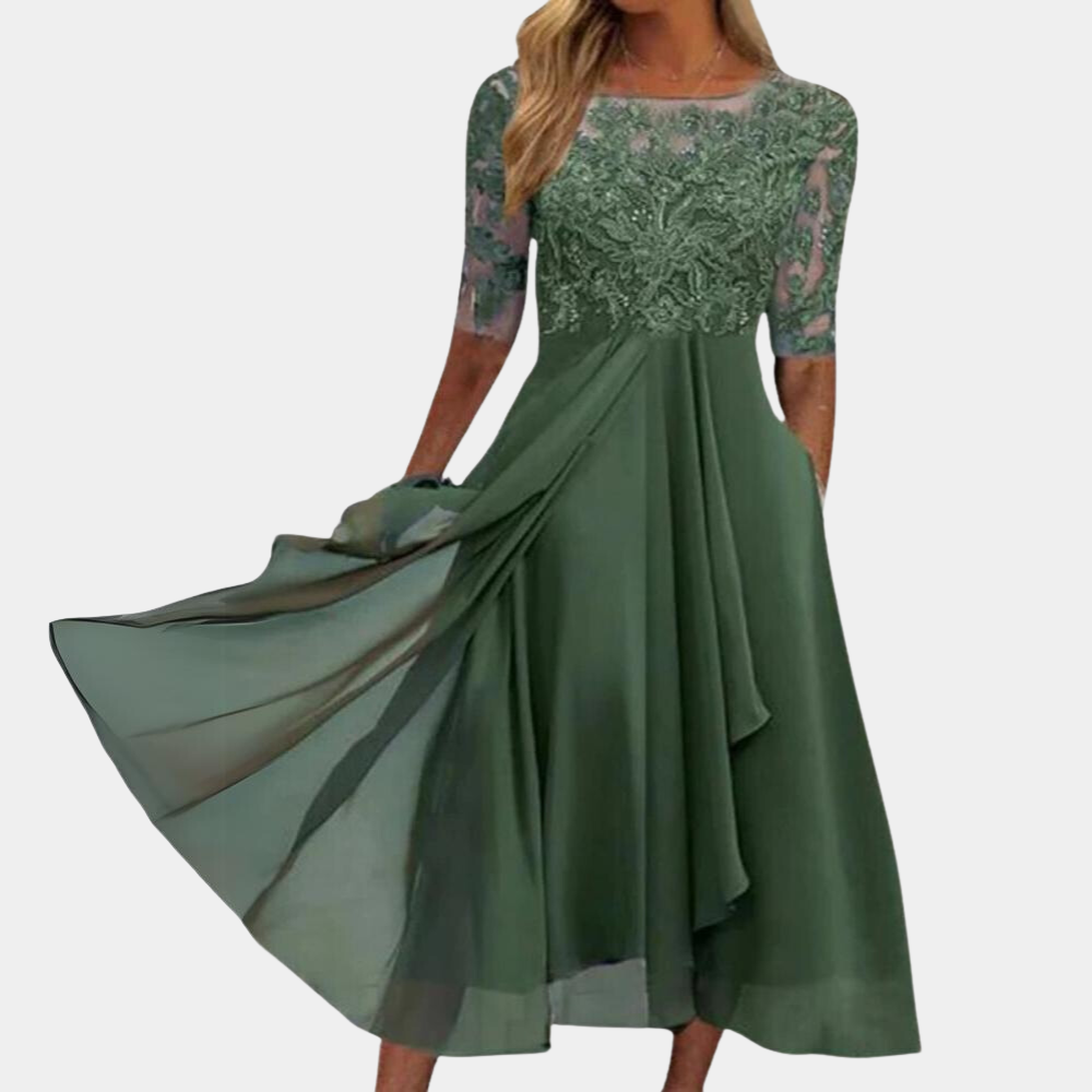 Women's A-line midi dress with delicate lace embroidery, elegant party style, flattering waist silhouette