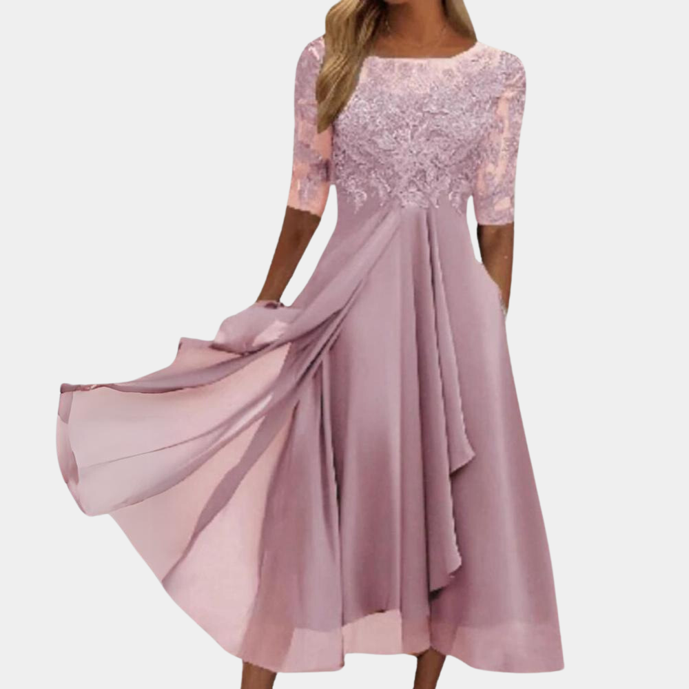Women's A-line midi dress with lace embroidery detail, elegant party and evening silhouette