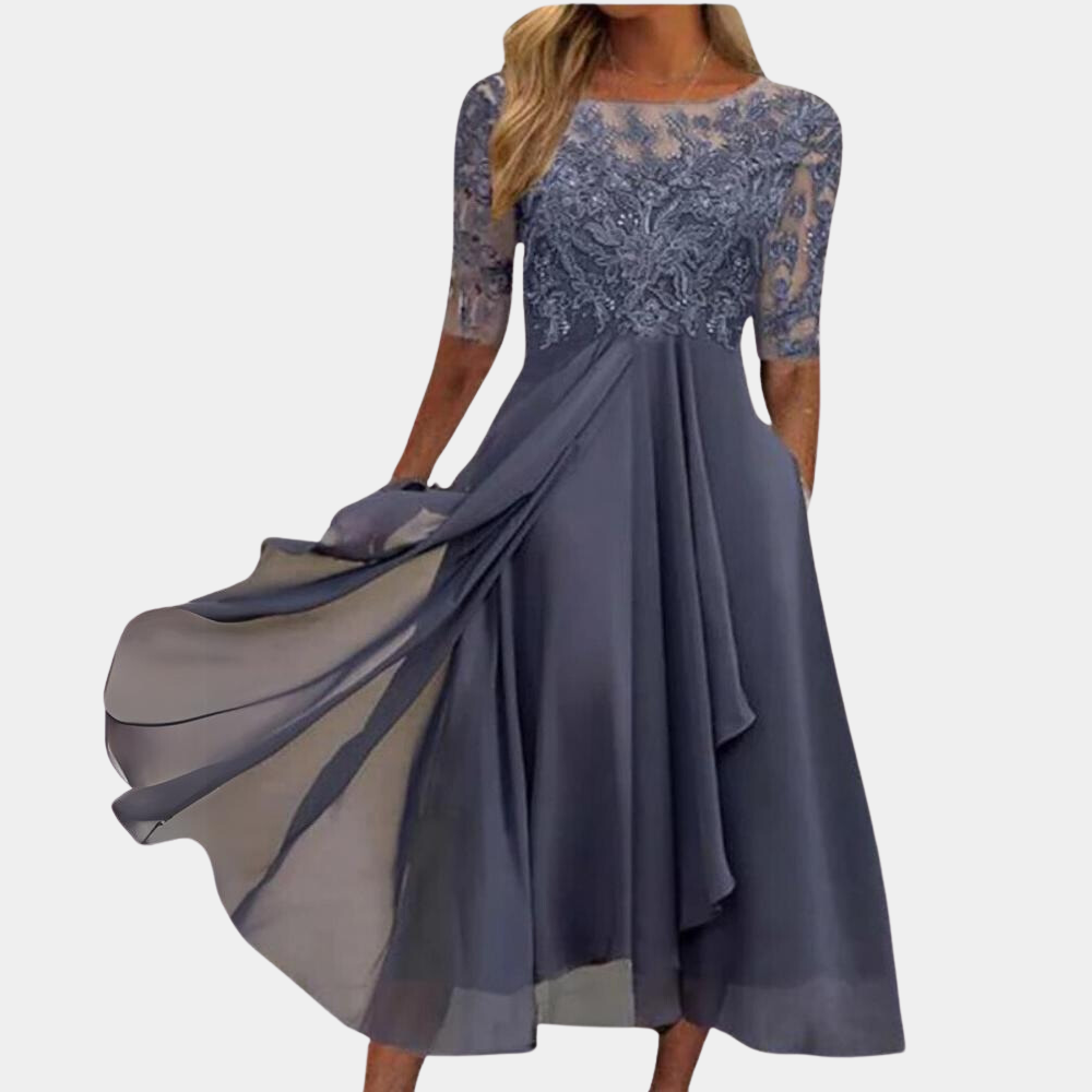 Women's A-line midi dress with lace embroidery detailing, elegant party and evening silhouette