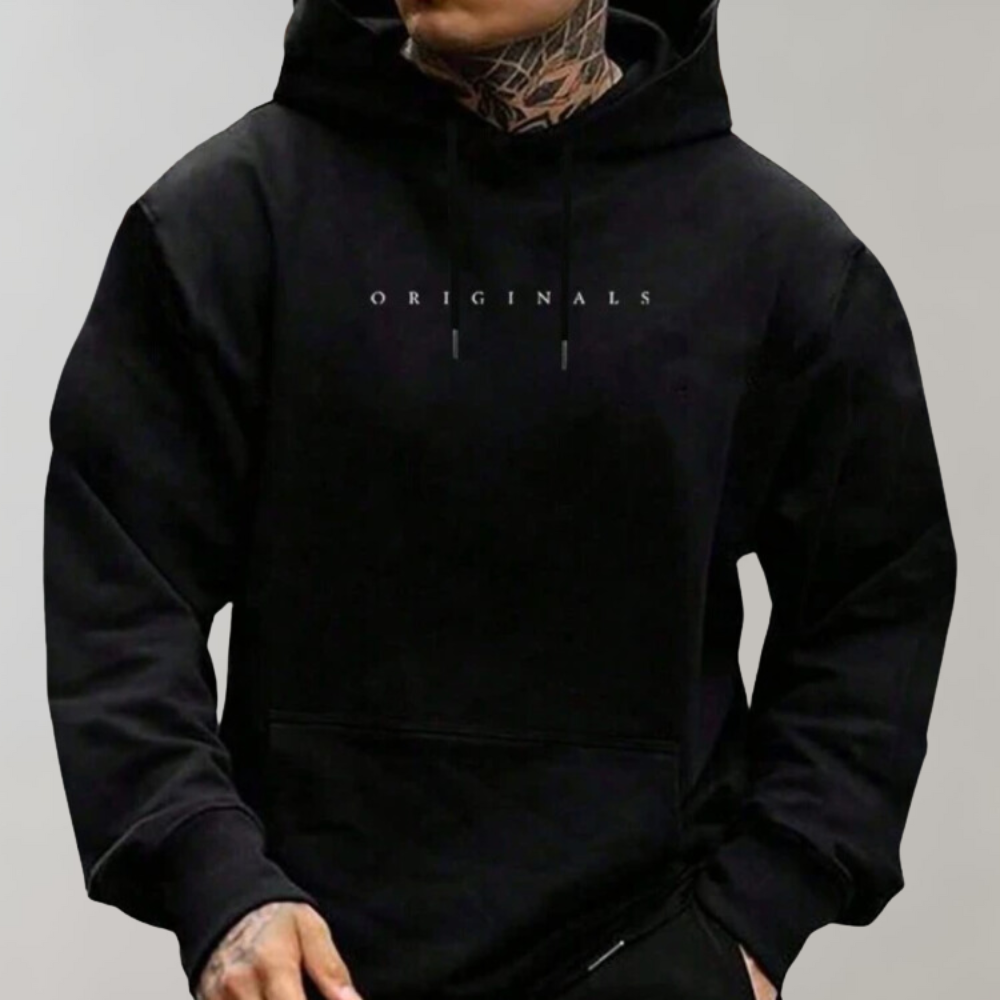 Men's gray graphic print pullover hoodie relaxed fit with drawstring hood and kangaroo pocket