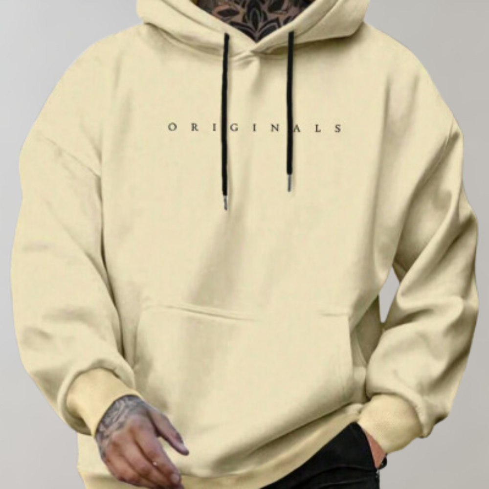 Men's gray graphic print pullover hoodie relaxed fit drawstring hood kangaroo pocket streetwear
