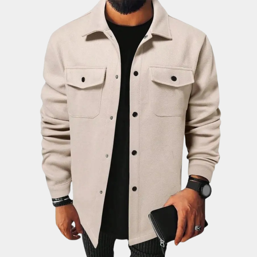 Men's camel cotton overshirt jacket classic collar button-front relaxed fit lightweight layering piece