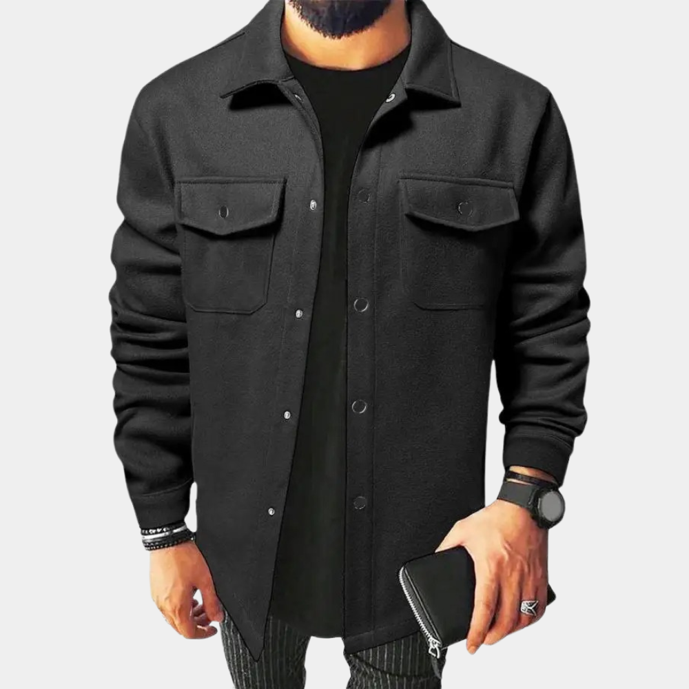 Men's camel cotton overshirt jacket classic collar button-front relaxed fit lightweight layering piece
