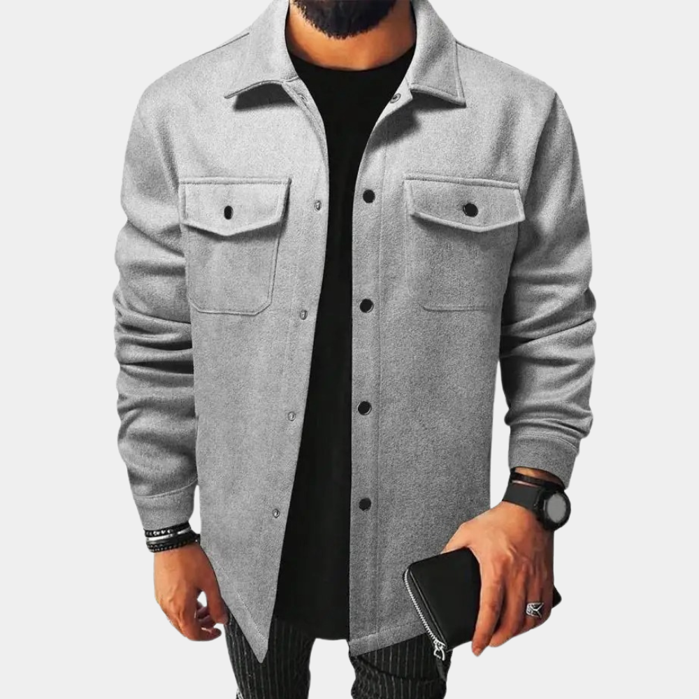 Men's camel cotton overshirt jacket classic collar button-front relaxed fit lightweight layering piece