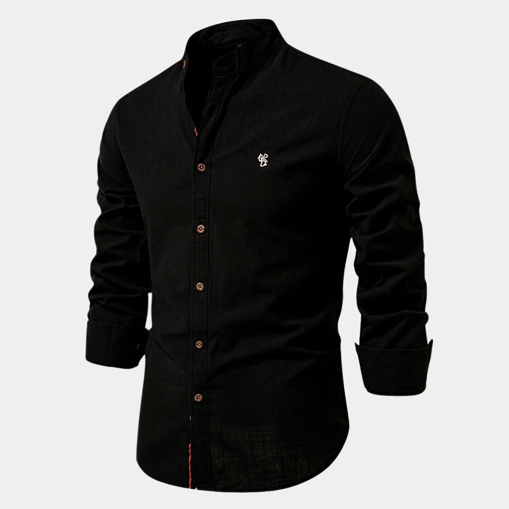 Men's light blue mandarin collar shirt long sleeves button closure lightweight cotton blend casual modern