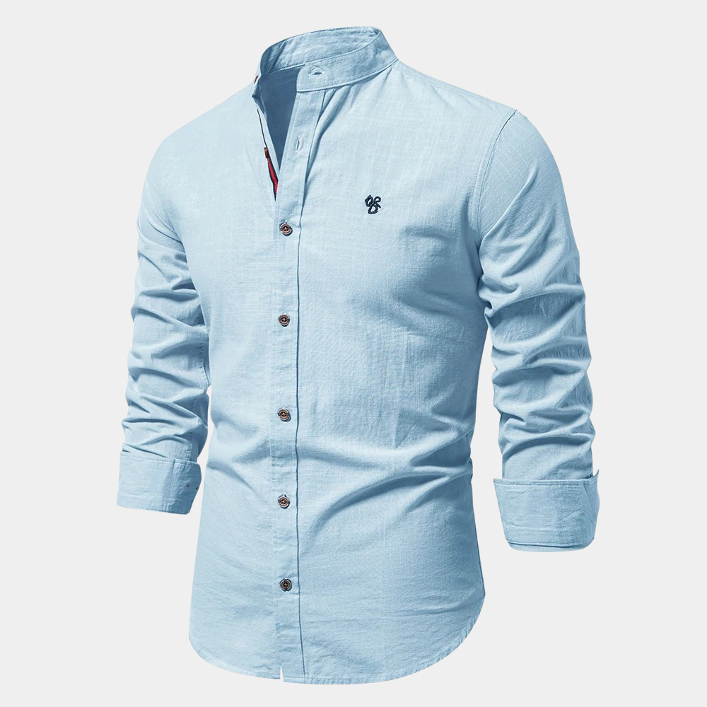 Men's light blue mandarin collar shirt long sleeves button closure lightweight breathable cotton blend
