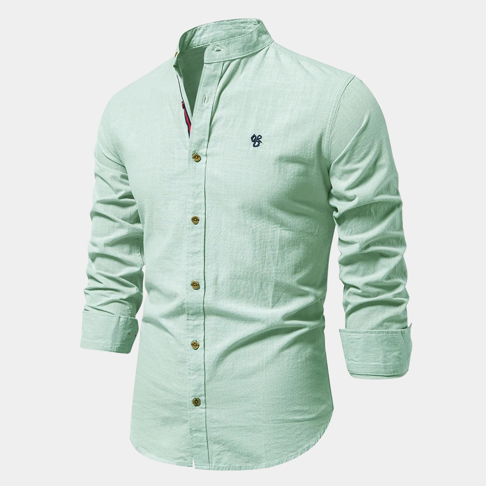 Men's white mandarin collar cotton-blend shirt with long sleeves and button closure lightweight breathable