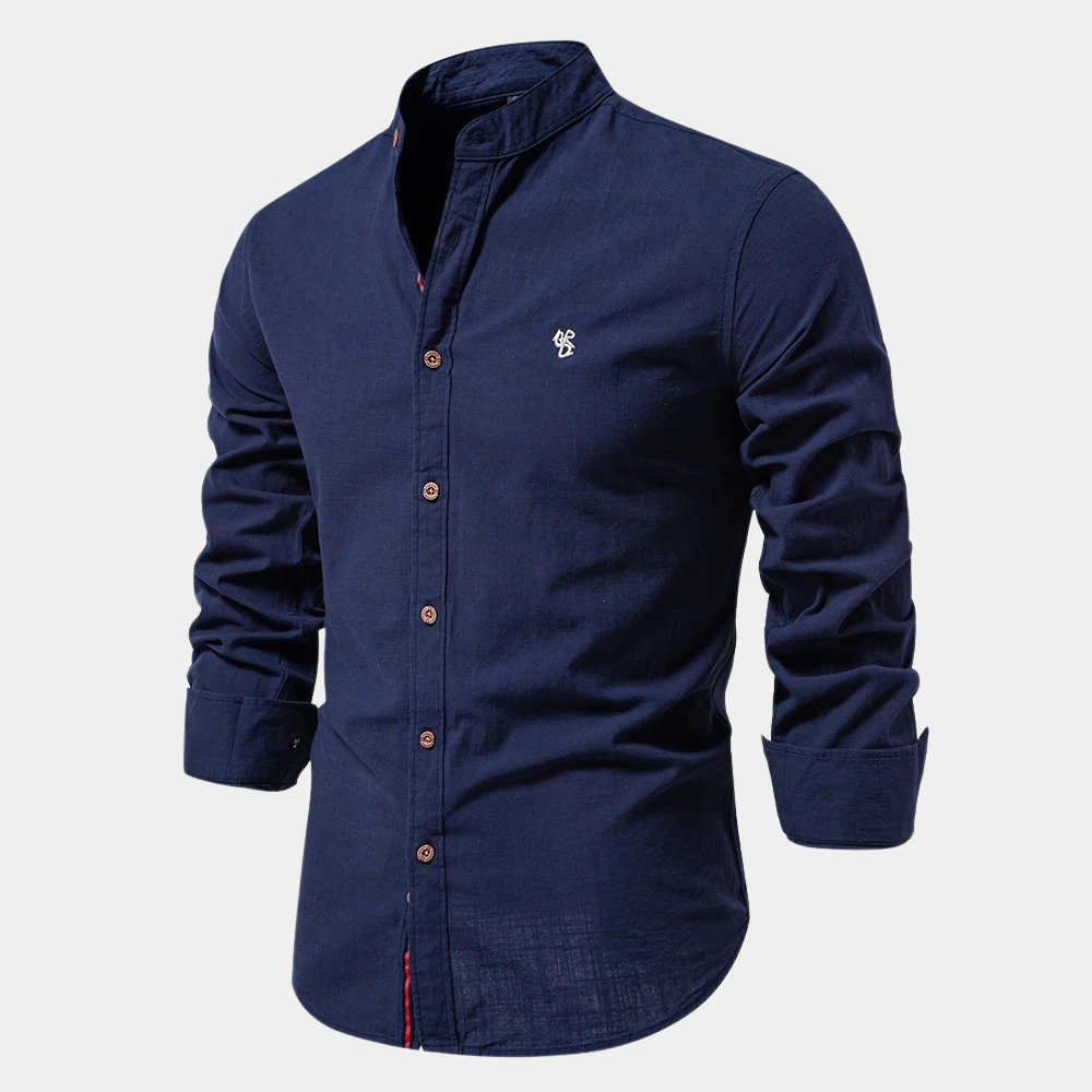 Men's light blue mandarin collar shirt long sleeves button closure lightweight cotton blend casual modern