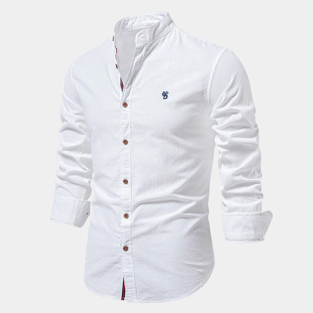 Men's white mandarin collar shirt long sleeves button closure lightweight breathable cotton blend