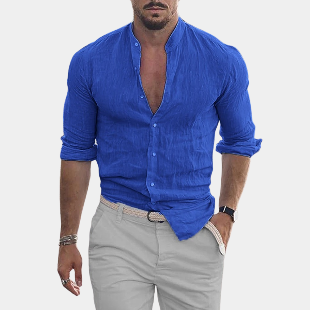 Men's light blue linen casual shirt relaxed fit breathable everyday wear with button-up collar