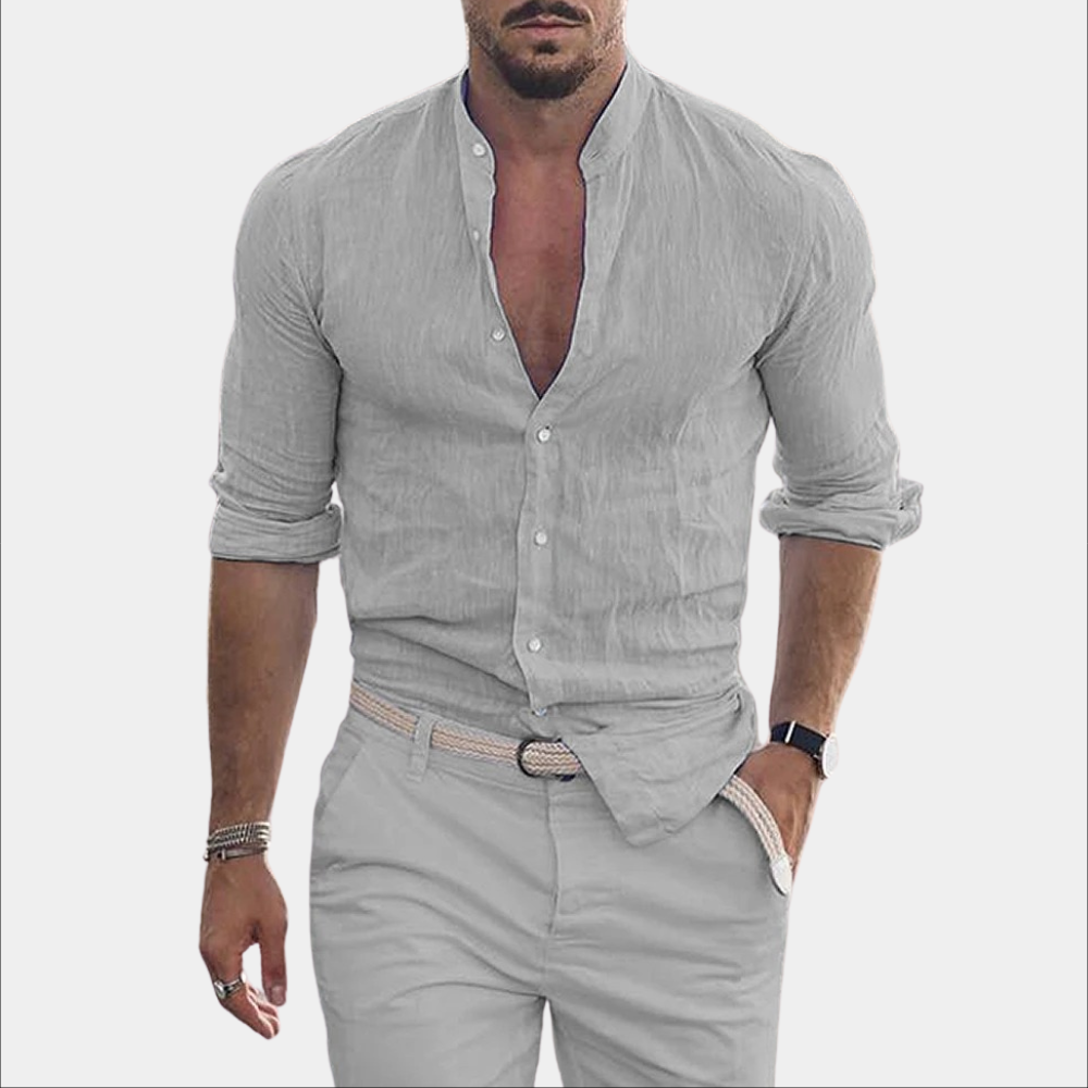 Men's light beige linen casual shirt relaxed fit breathable everyday wear with button-down collar