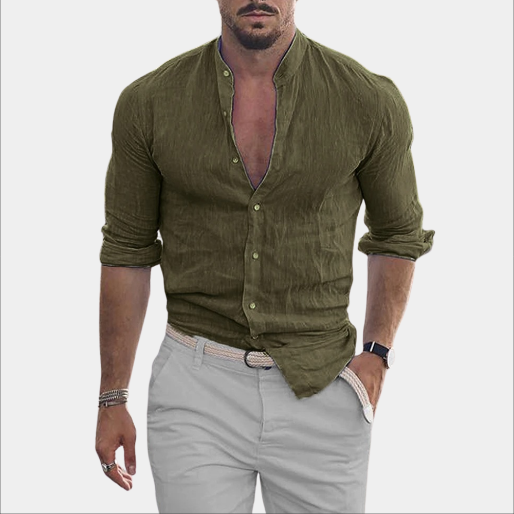 Men's light beige linen casual shirt relaxed fit breathable everyday wear elegant versatile silhouette