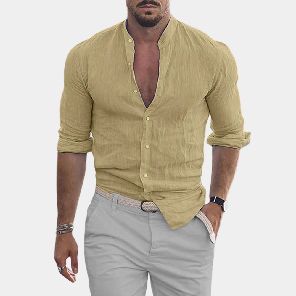 Men's light beige linen casual shirt relaxed fit breathable everyday wear button-up elegant silhouette