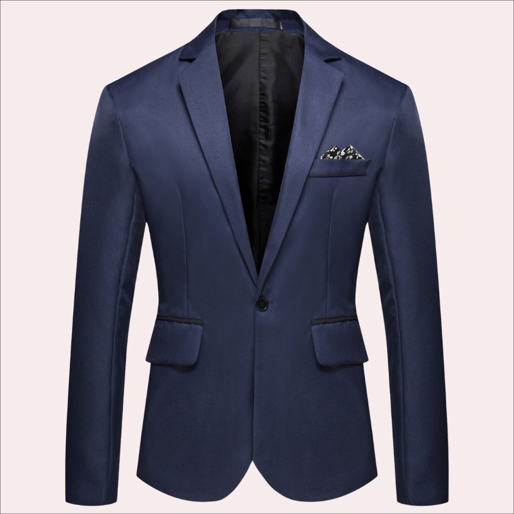 Men's navy tailored formal blazer with notch lapel, sleek structured silhouette for business