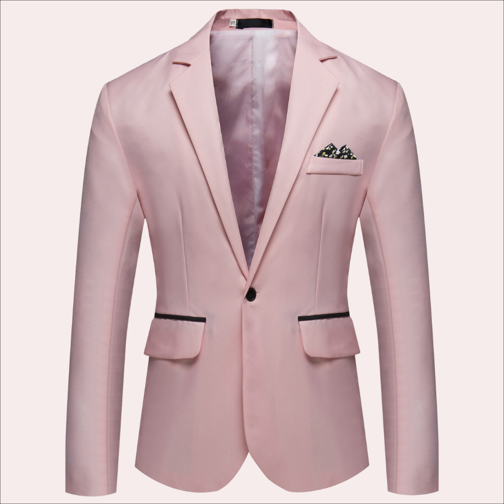 Men's navy blue tailored formal blazer with classic notch lapel, sleek structured silhouette