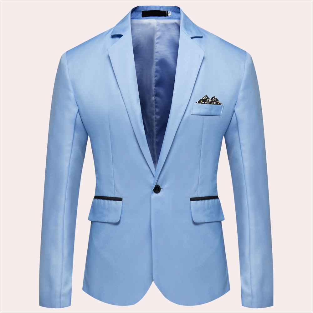 Men's navy tailored formal blazer with notch lapel, sleek structured silhouette for business professionals