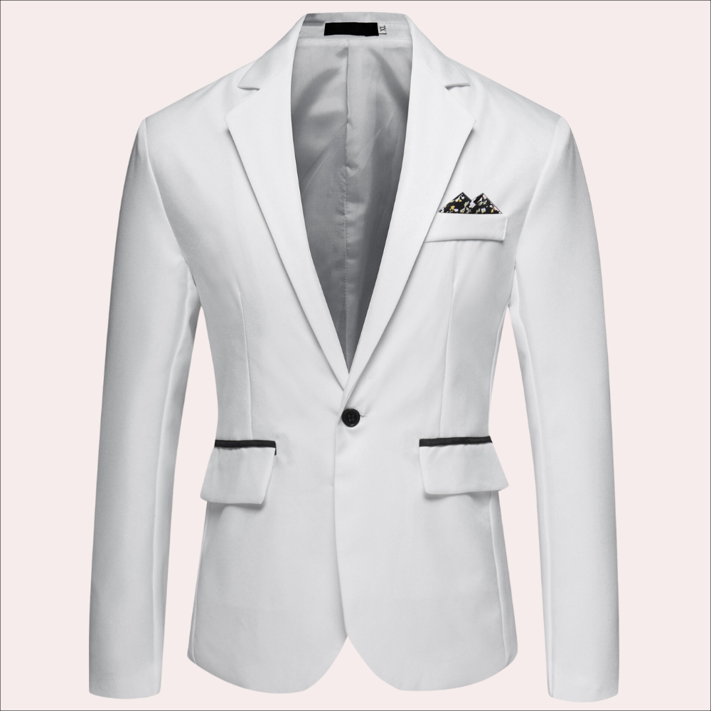 Men's navy modern formal blazer tailored fit notch lapel sleek structured silhouette