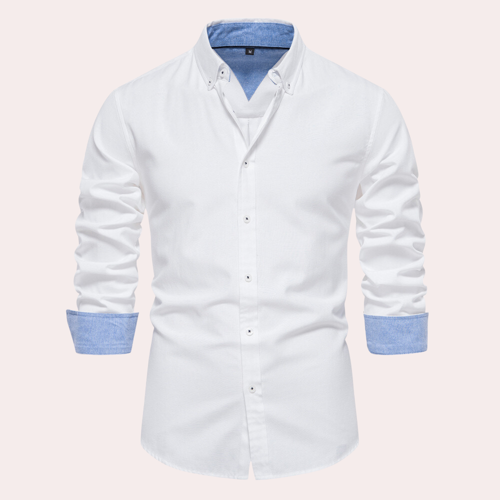 Men's white cotton button-down collar shirt tailored fit versatile formal casual wear