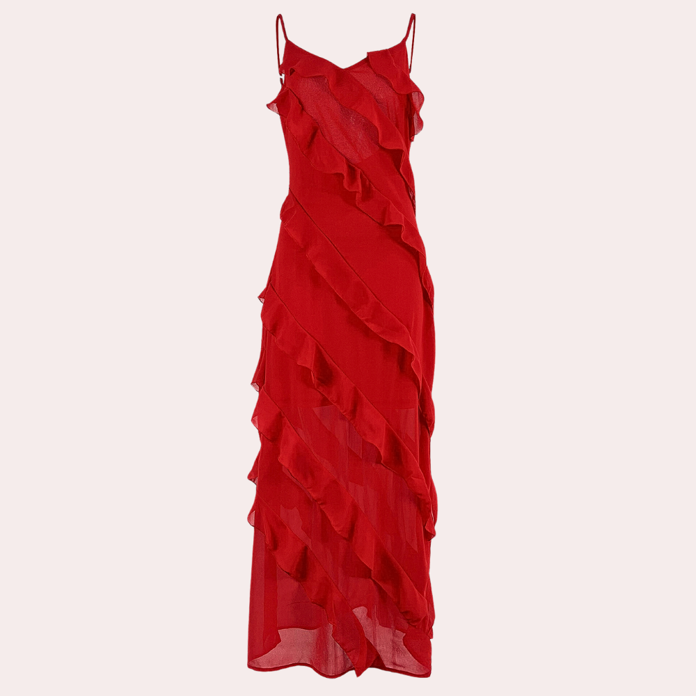 Women's slim-fit evening gown with cascading ruffles, adjustable straps, and side slit