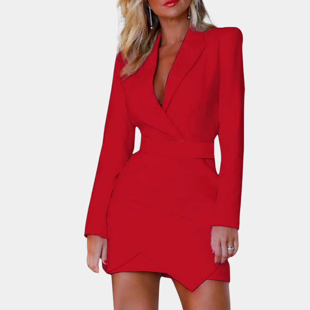 Women's black blazer mini dress tailored deep V-neck long sleeve structured lapel festive chic
