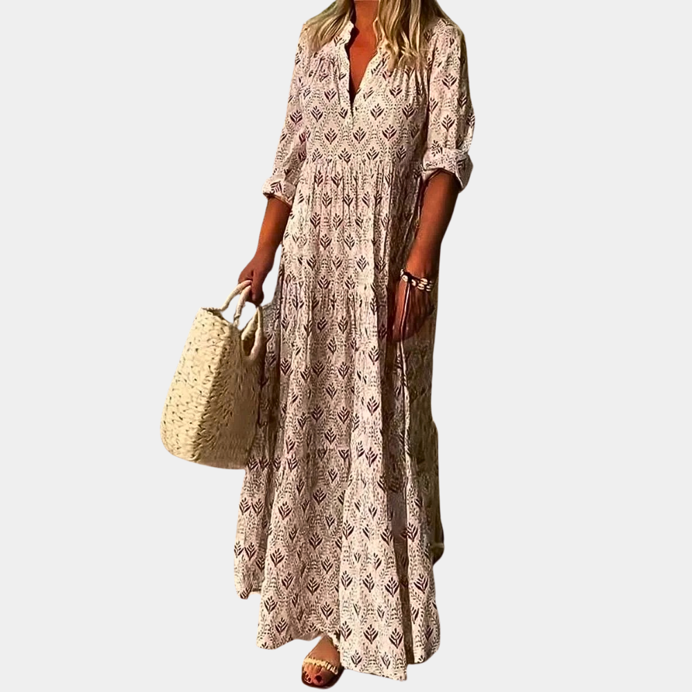 Women's maxi dress V-neck three-quarter sleeves lightweight breathable relaxed fit summer casual