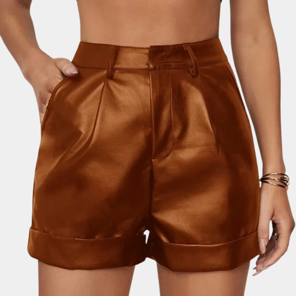 Women's high waist faux leather shorts flattering silhouette deep pockets day to night versatile
