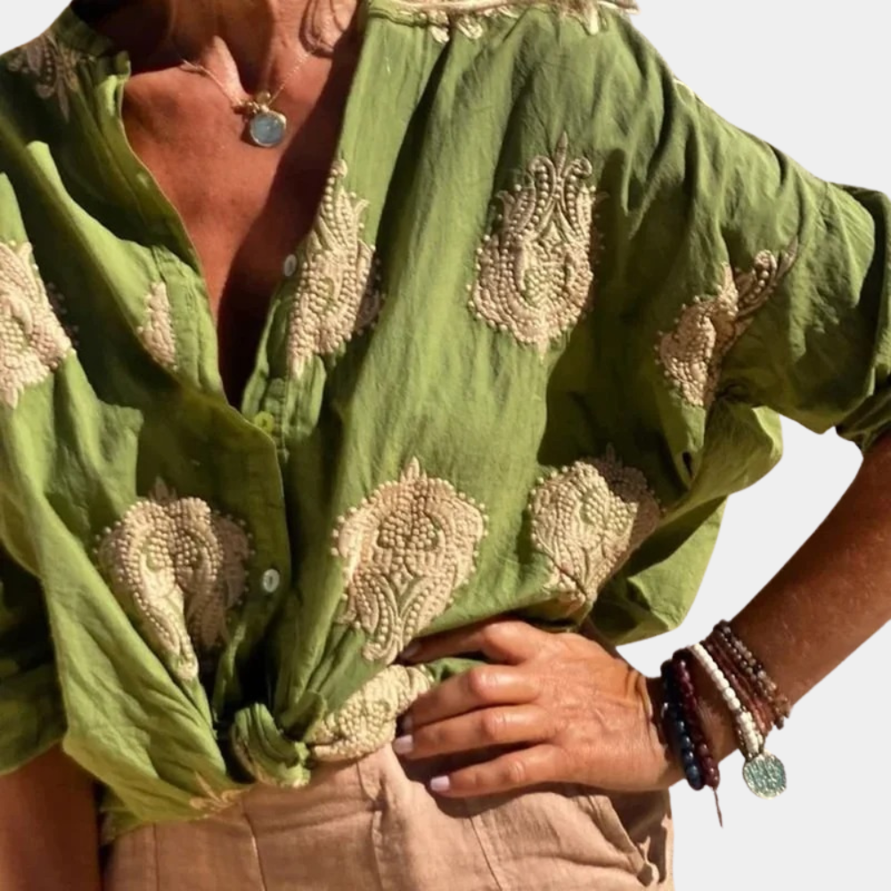 Women's loose fit long sleeve blouse with tie front button closure, breathable fabric, effortless chic style