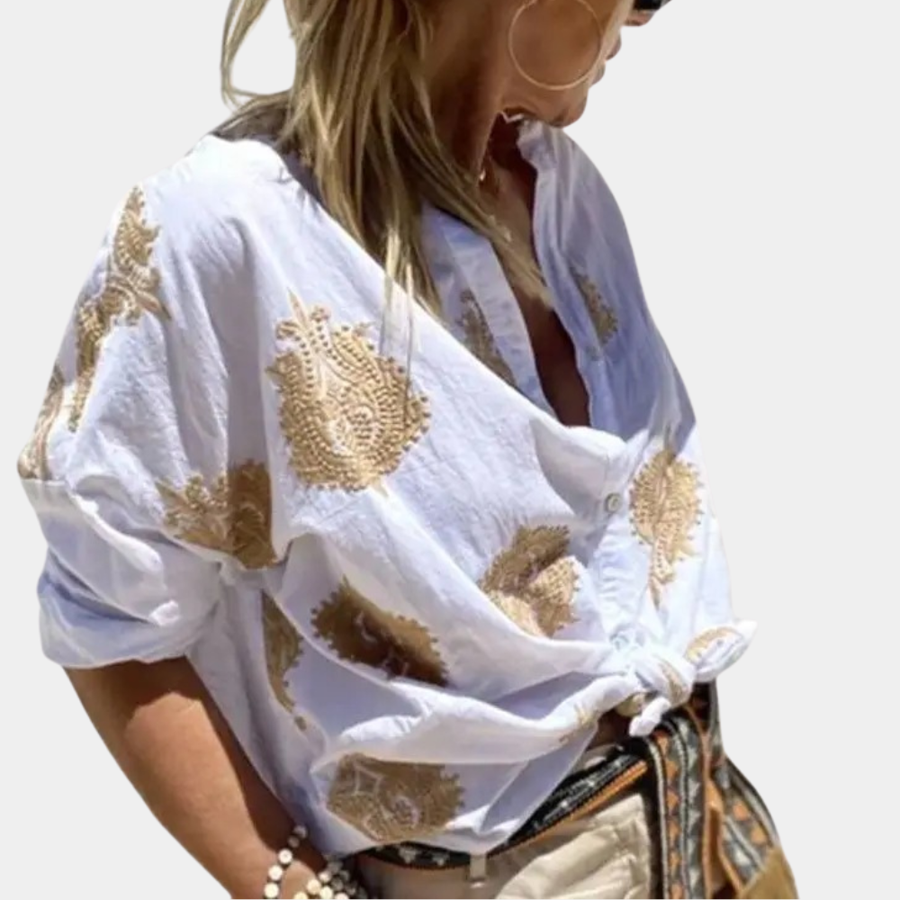 Women's loose fit long sleeve blouse tie-front button closure breathable light fabric effortless chic