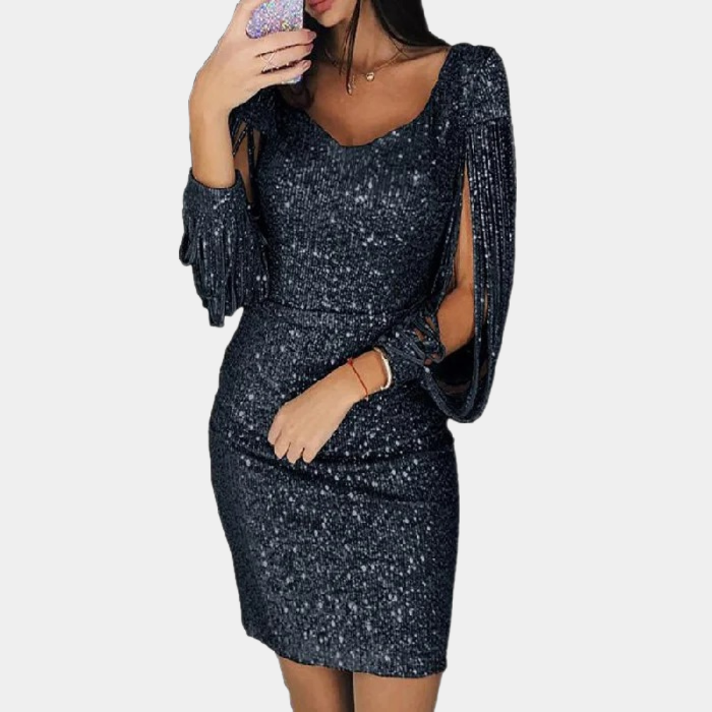 Women's silver sequin party dress with deep V-neck, draped sleeves, and form-fitting elegant silhouette
