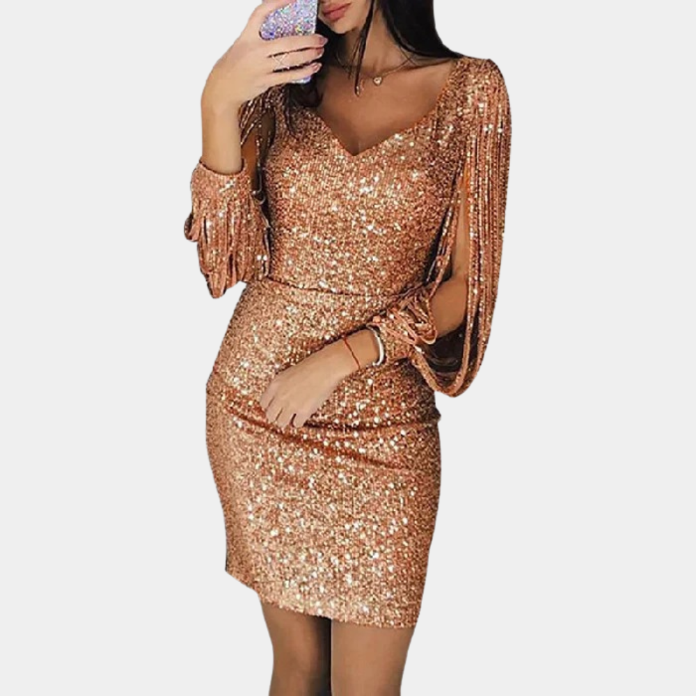 Women's silver sequin party dress with deep V-neck, draped sleeves, and form-fitting elegant silhouette