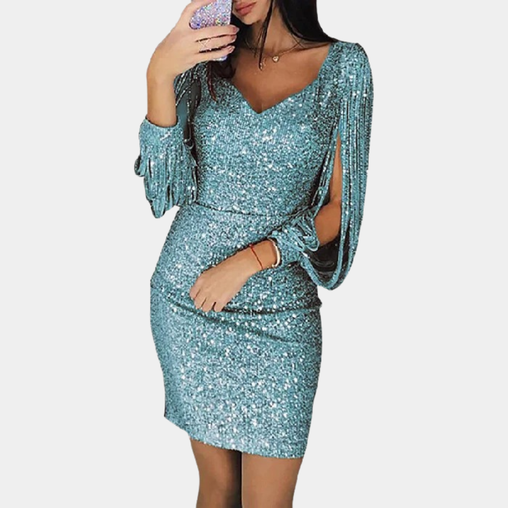 Women's silver sequin party dress with deep V-neck, draped sleeves, and form-fitting elegant silhouette