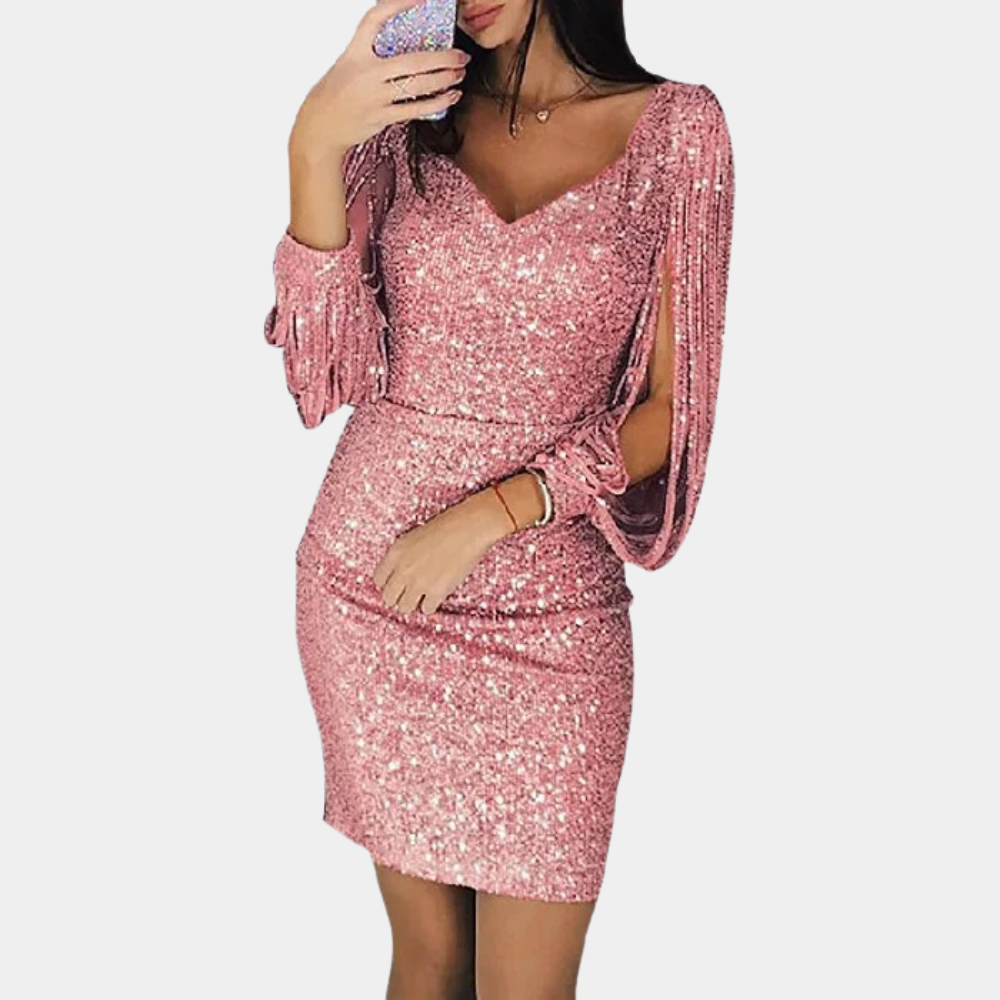 Women's silver sequin party dress with deep V-neck and elegant draped sleeves for formal evenings
