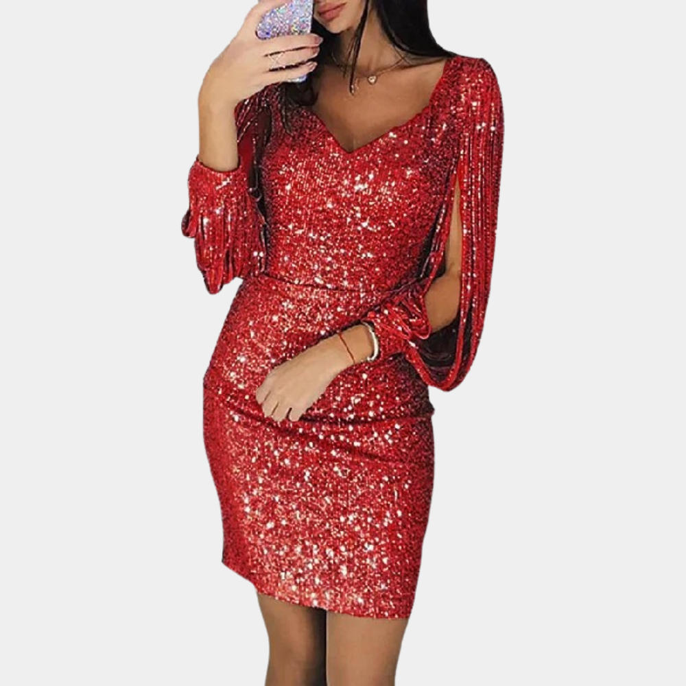 Women's silver sequin party dress with deep V-neck and elegant draped sleeves for formal events