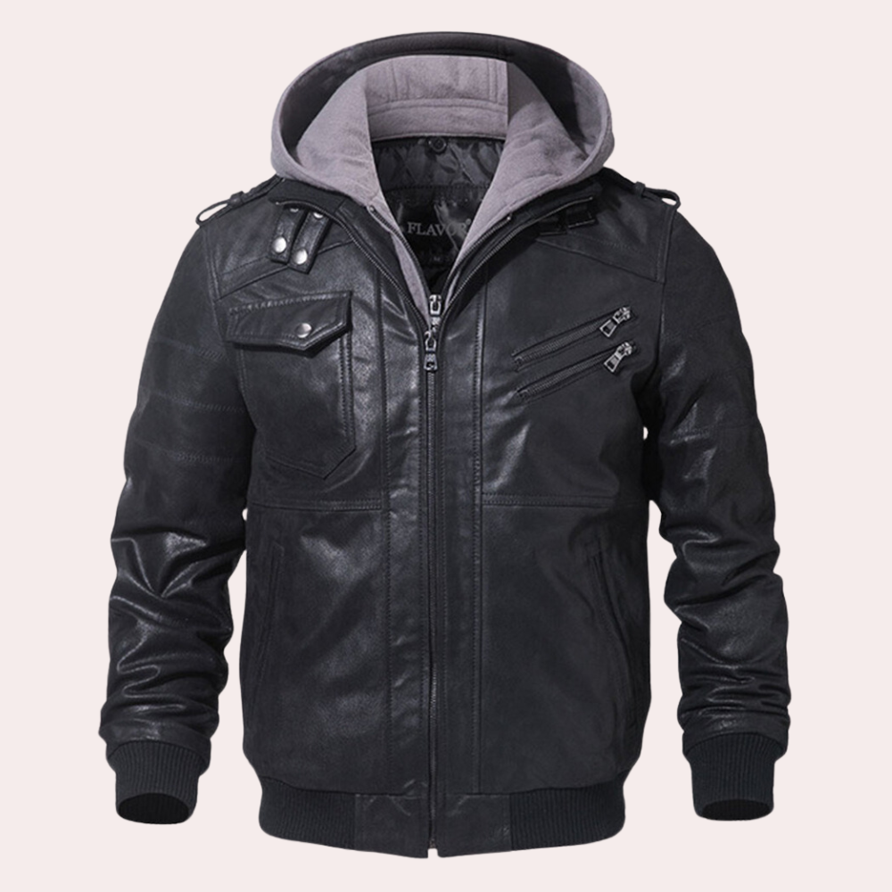 Men's black faux leather structured hooded jacket with quilted epaulette details
