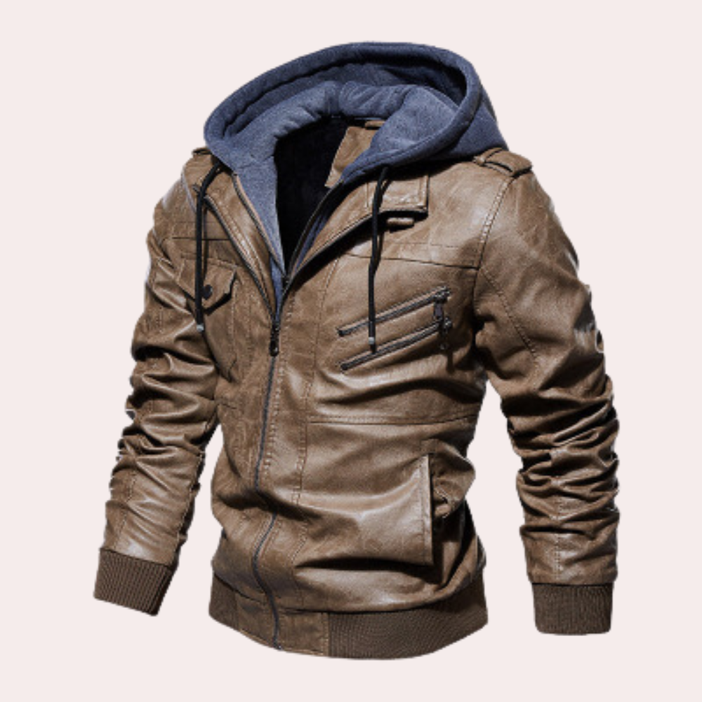 Men's black faux leather structured hooded jacket with quilted epaulette details