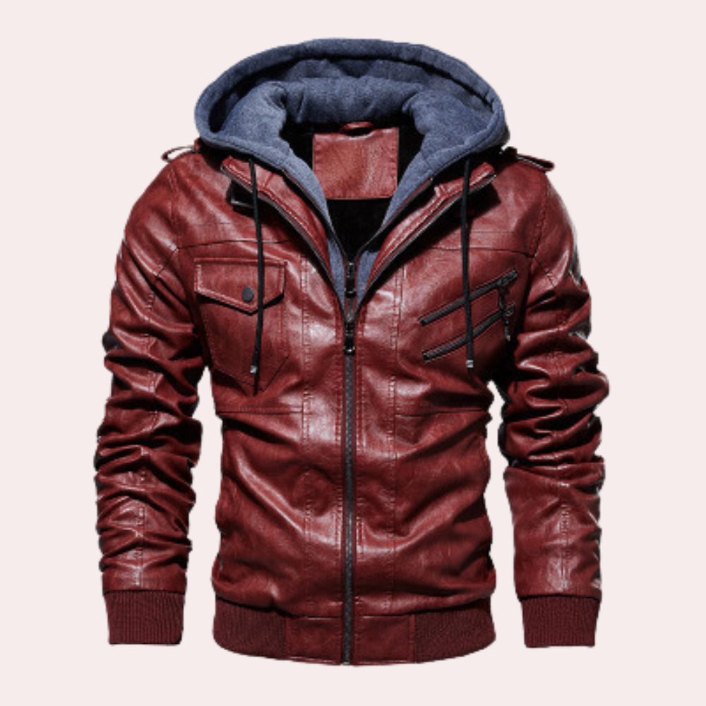 Men's black faux leather structured hooded jacket with quilted epaulette details