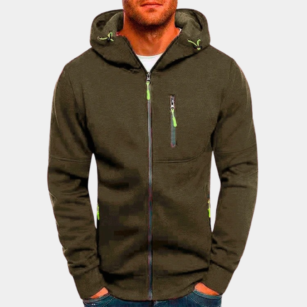 Men's slim fit full-zip hoodie with ribbed edges, secure zip pocket, and clean Nordic athletic silhouette
