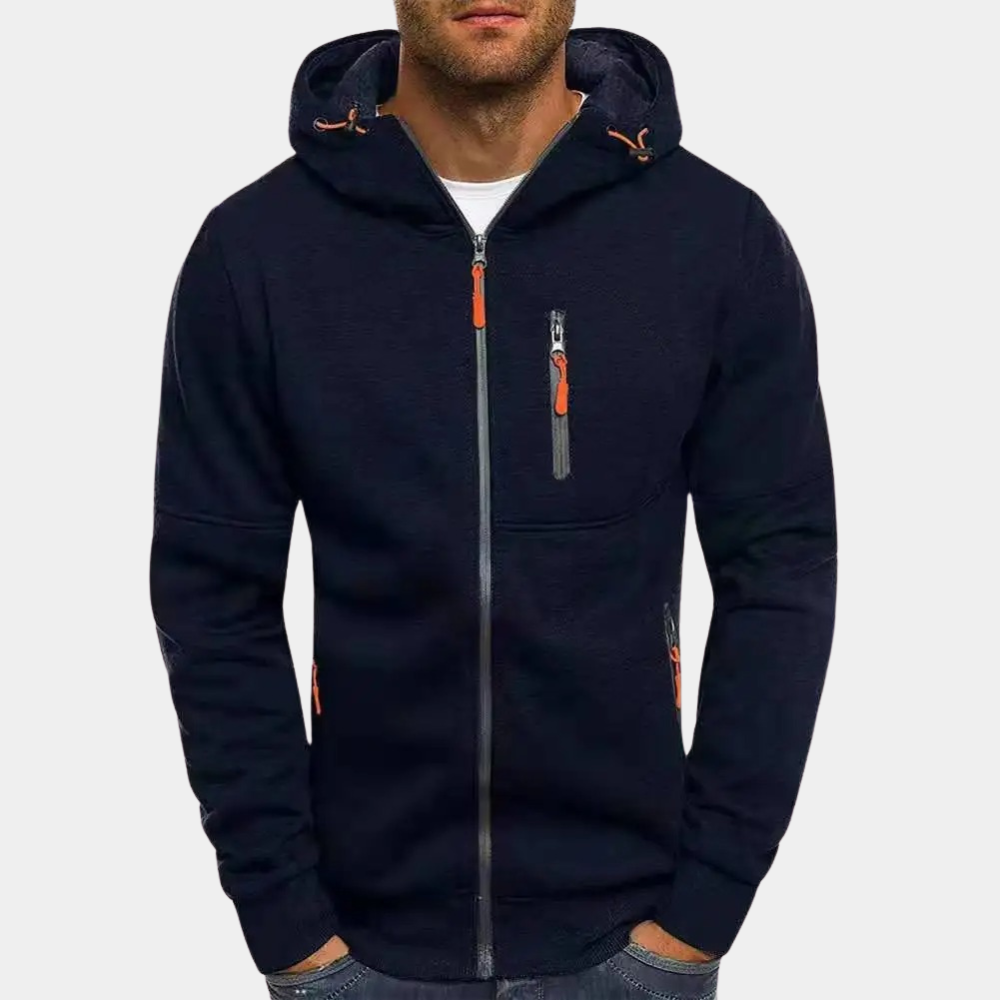 Men's gray zip-up drawstring hoodie sweatshirt with full-front zipper for casual everyday wear