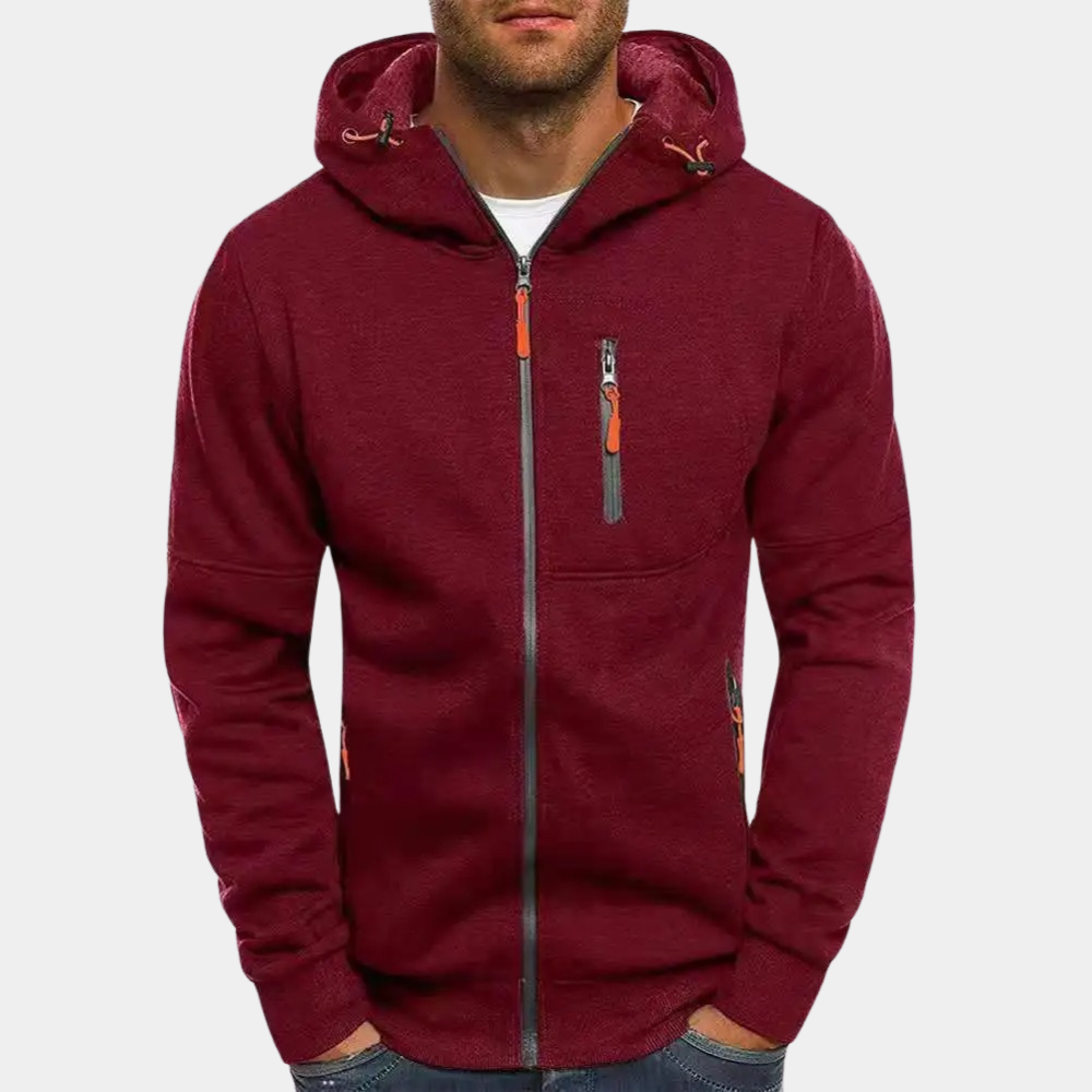 Men's gray zip-up drawstring hoodie sweatshirt with full-front zipper for casual everyday style