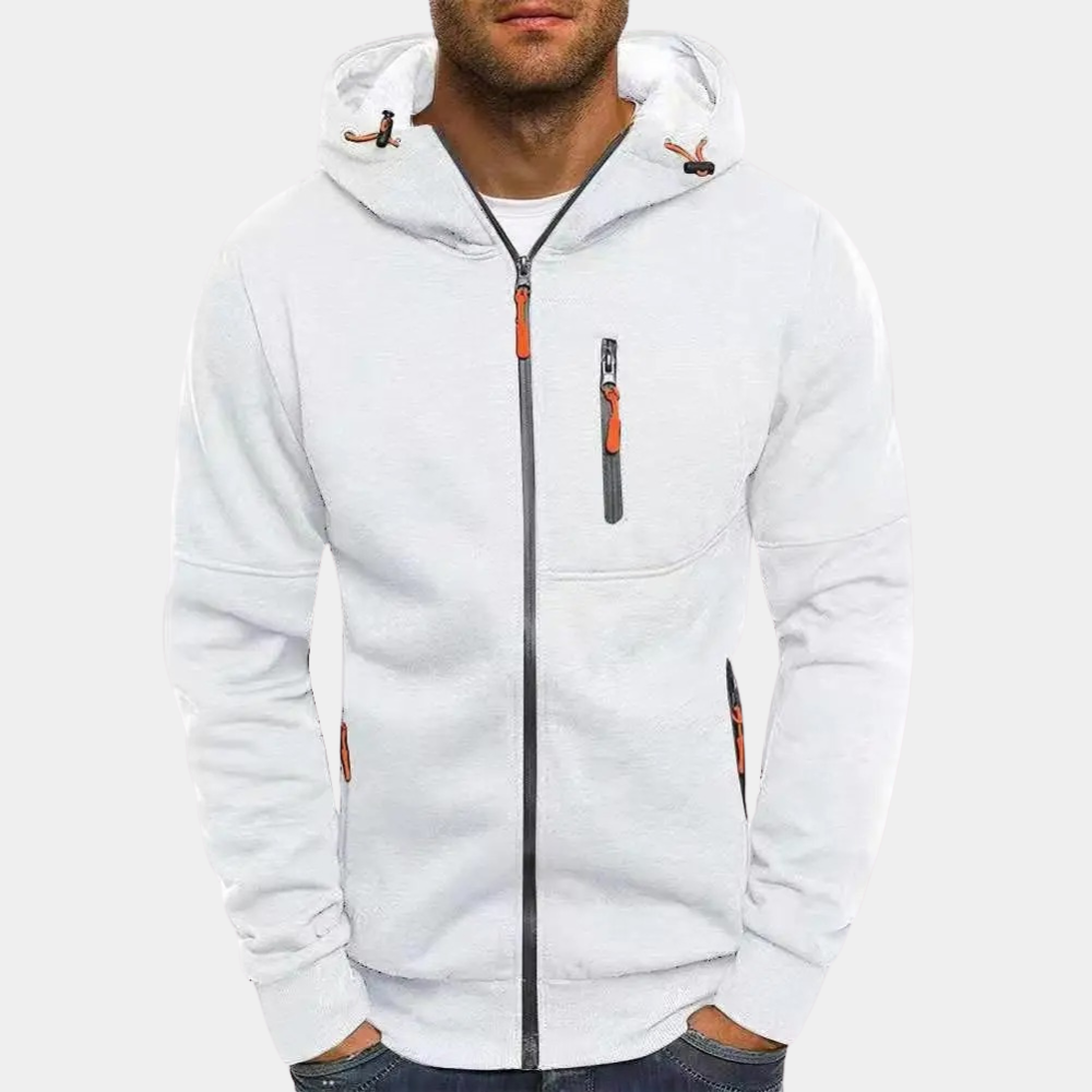 Men's gray zip-up drawstring hoodie sweatshirt with full-front zipper for casual everyday style